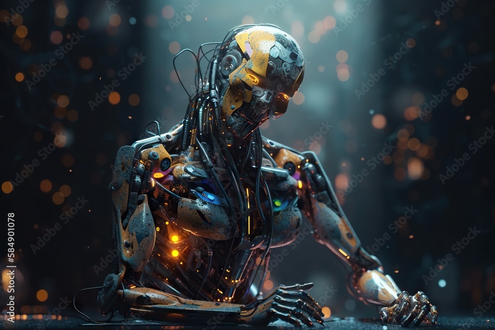 Aufkleber a robot sitting on the ground with his hands on his knees junkyard animation robotics engineering ge