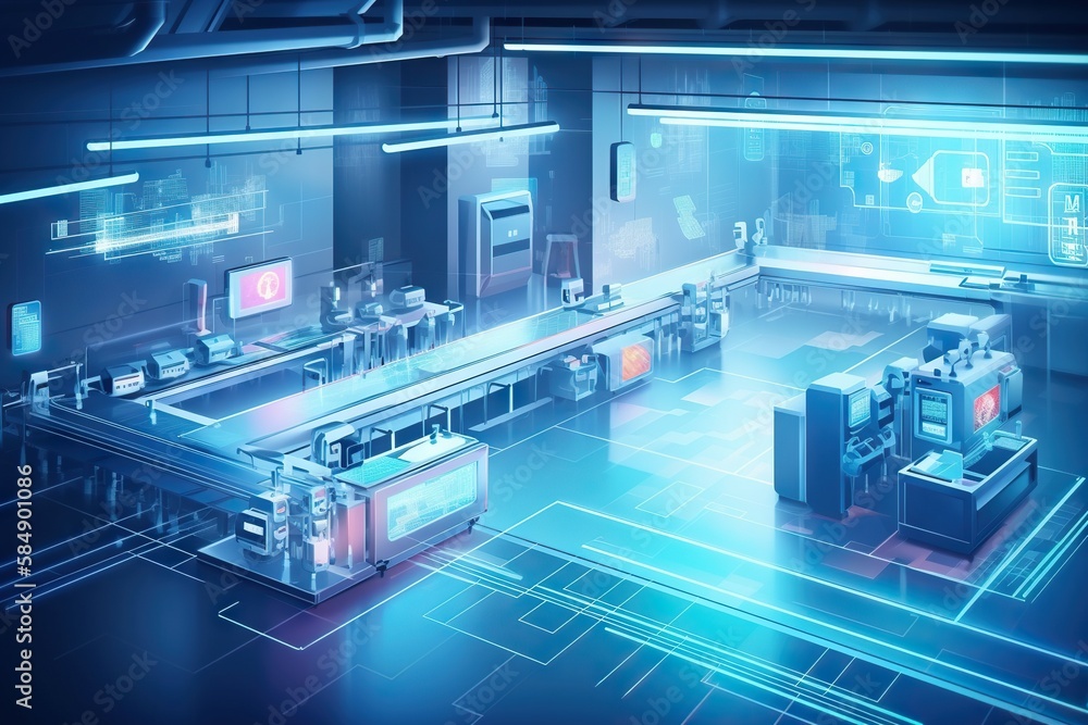 Poster a computer generated image of a factory with a conveyor belt factory animation manufacturing generat