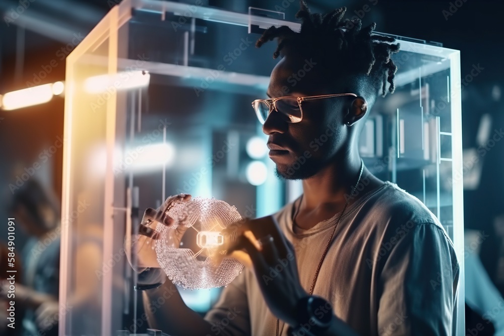 Poster a man holding a crystal ball in a glass case with a light shining on it science museum animation mot