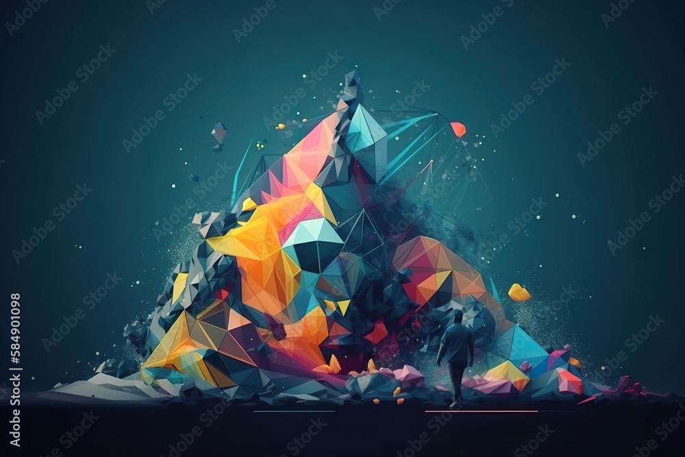 Poster a colorful abstract artwork piece with a mountain in the background and a sky background volcano vid