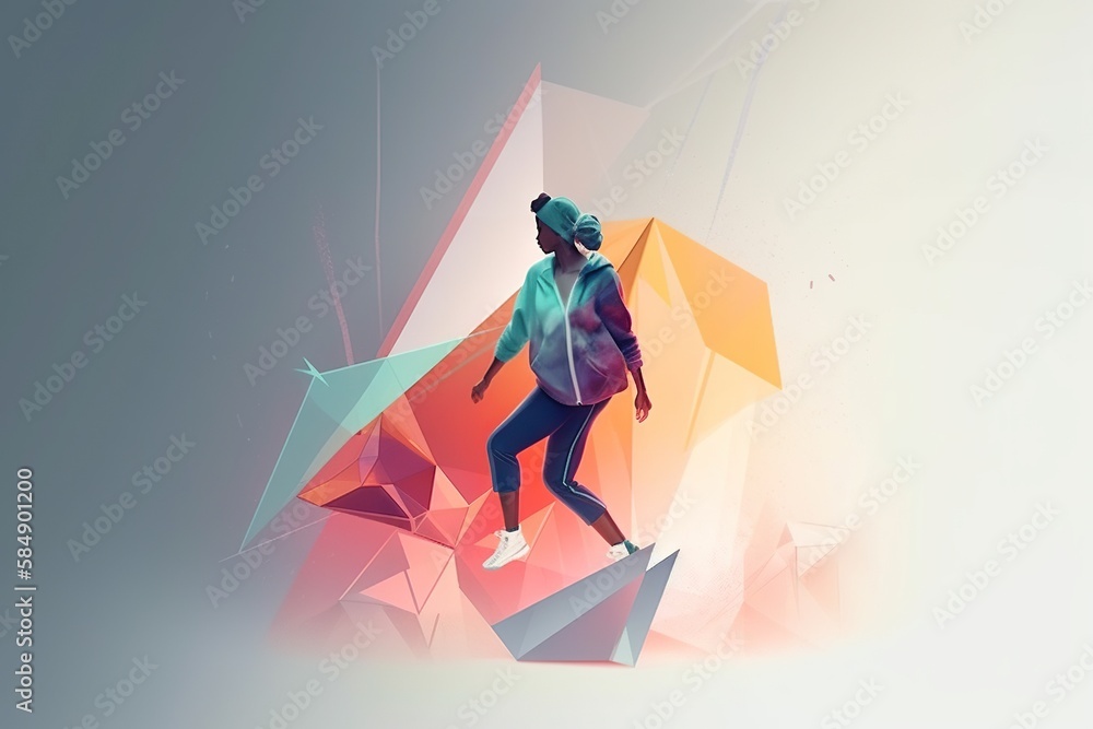 Poster a woman is walking through a colorful geometric pattern with a backpack tundra animation motion grap