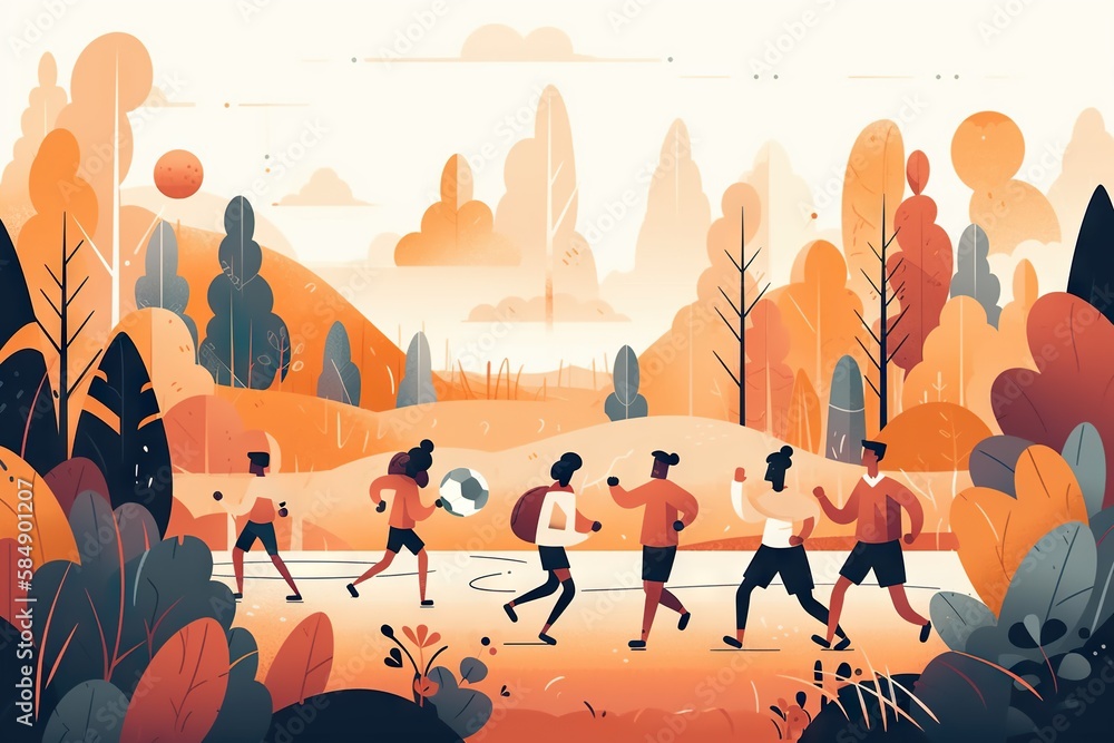 Poster a group of people running in a park with trees and bushes mountain trail in autumn forest environmen