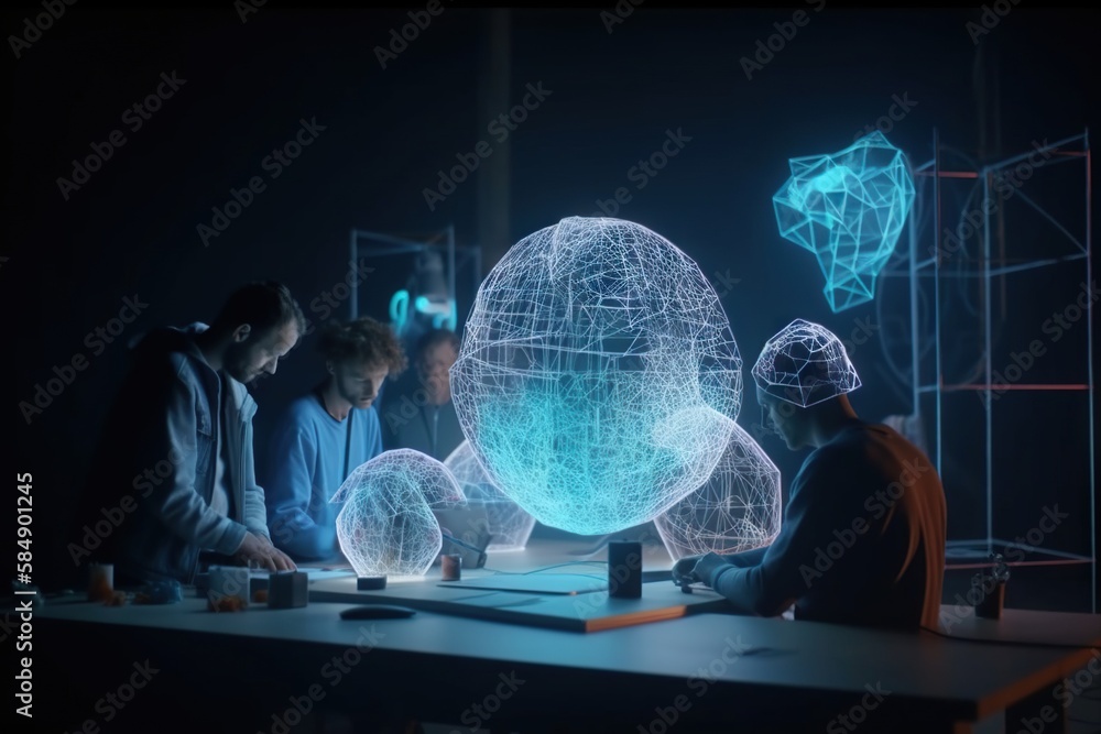 Poster a group of people standing around a table with a glowing object workshop animation augmented reality
