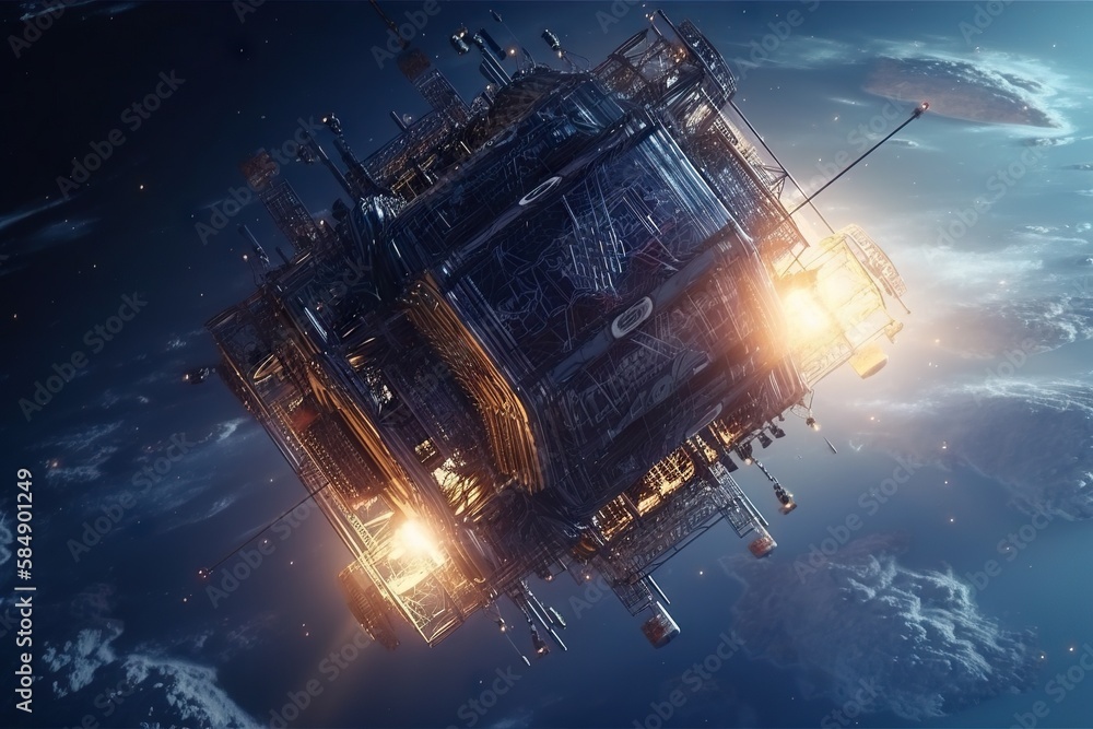 Poster a space station floating in the sky above the earth with a bright light construction site animation 