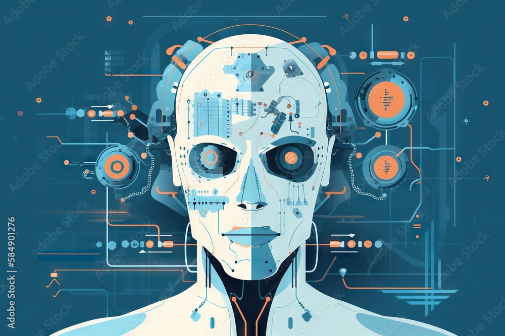 Poster a robot with a head made of circuit boards and buttons on it workshop graphic design robotics engine
