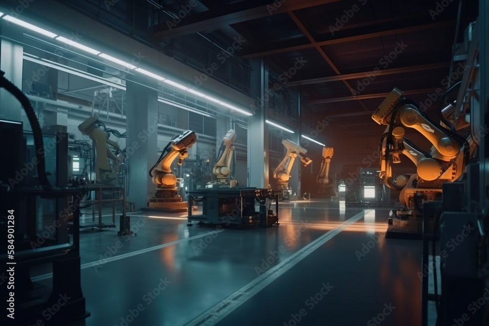Poster A Factory With A Lot Of Machines In It's Room Factory Animation Robotics Engineering Generative AI 