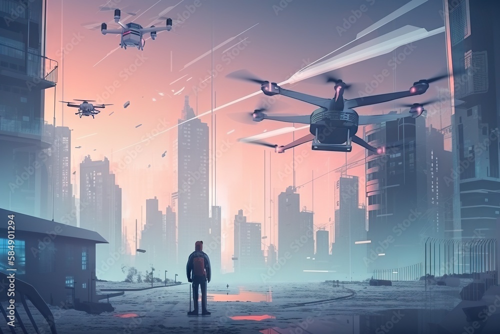 Poster a man standing in front of a city with a large flying object modern urban skyline aerial photography