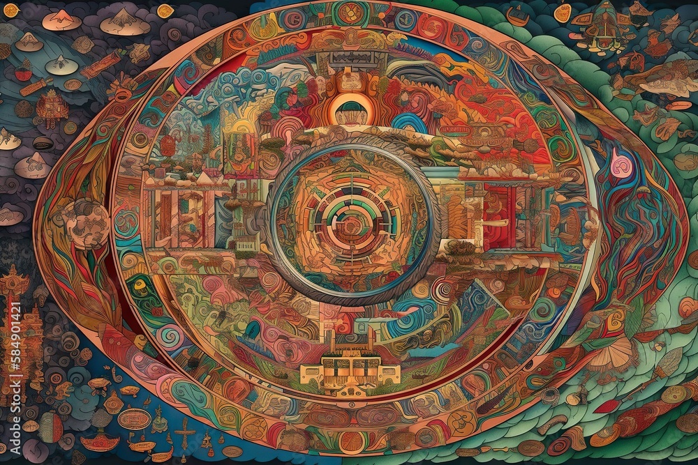 Poster a painting of a circular object with many colors and shapes on it temple environmental art spiritual