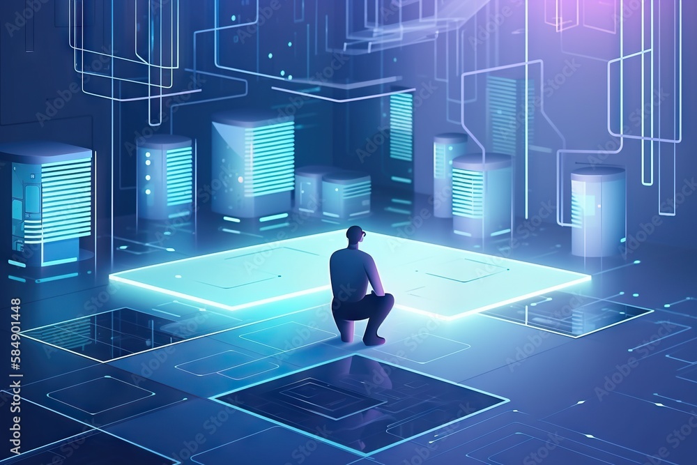 Poster a man sitting on a floor in front of a server server workshop graphic design network engineering gen