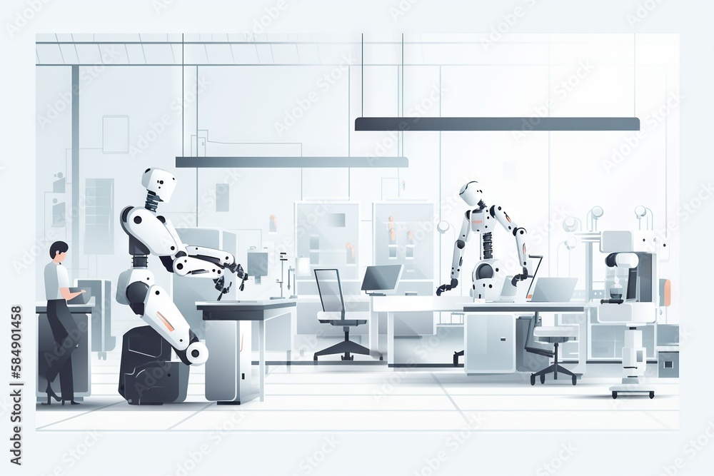 Poster a man standing in front of a robot in a room filled with desks workshop assemblage robotics engineer
