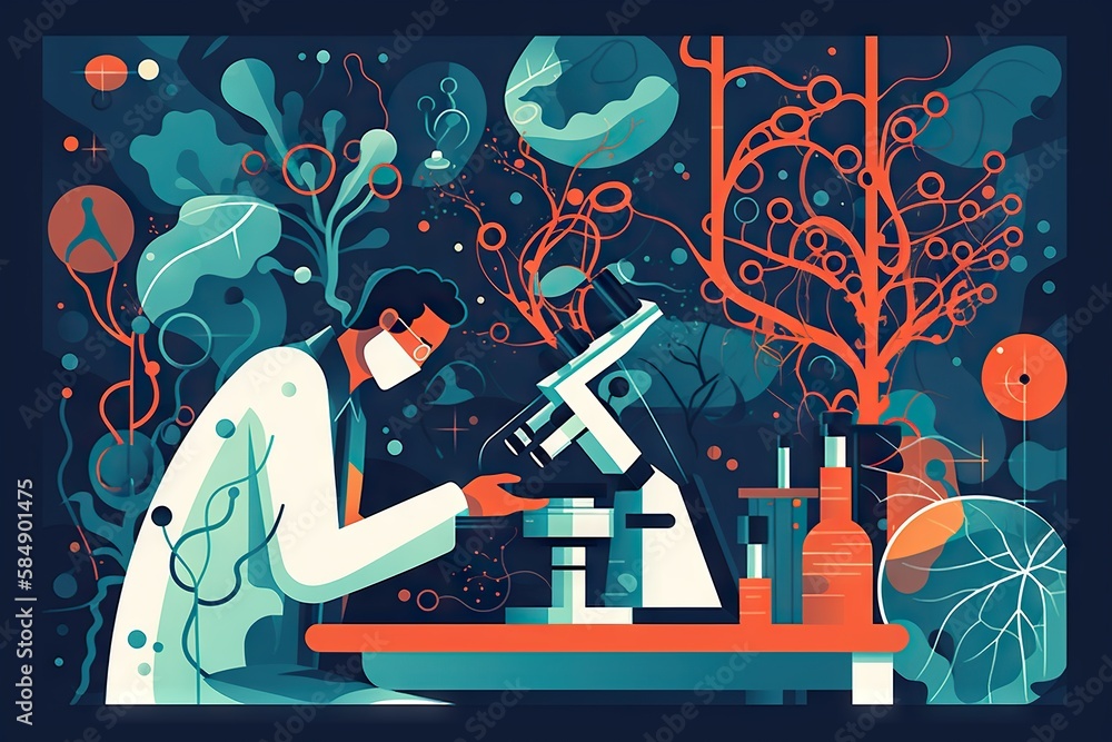 Poster a man in a lab coat looking through a microscope at something aquarium environmental art science wri