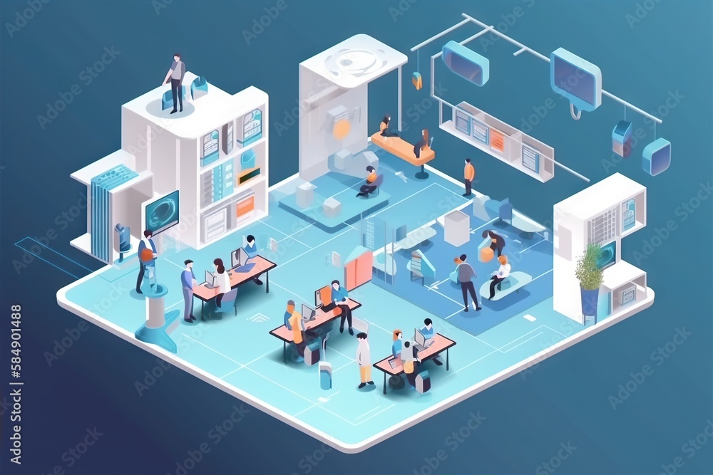 Aufkleber a group of people standing around a room with a computer and a refrigerator conference room animatio