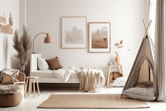 White kid room wall. Scandi interior mockup. Art, photo, or poster copy space. Bed, sideboard, pampas grass vase. Kid friendly room. Generative AI
