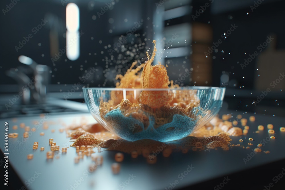 Poster a bowl of cereal is being spilled into a bowl on a counter aquarium animation motion graphics genera