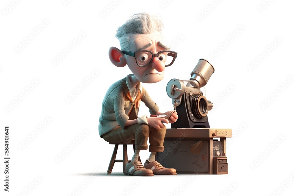 Poster a cartoon man sitting at a desk looking at a camera with a magnifying glass workshop animation anima