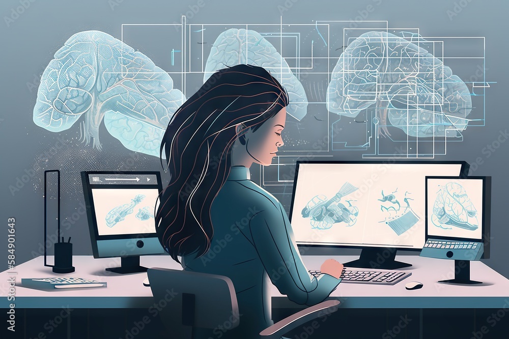 Aufkleber a woman sitting at a desk with two monitors and a keyboard workshop graphic design workplace wellnes