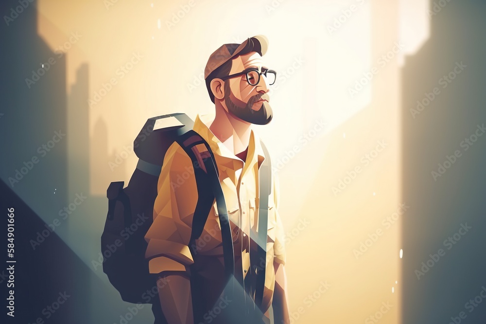 Poster a man with a backpack and glasses is standing in a dark room canyon animation motion graphics genera