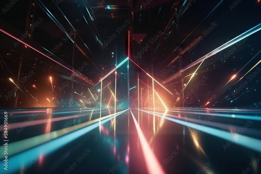 Poster a very colorful and abstract photo of a room with lights and beams arcade video art motion graphics 