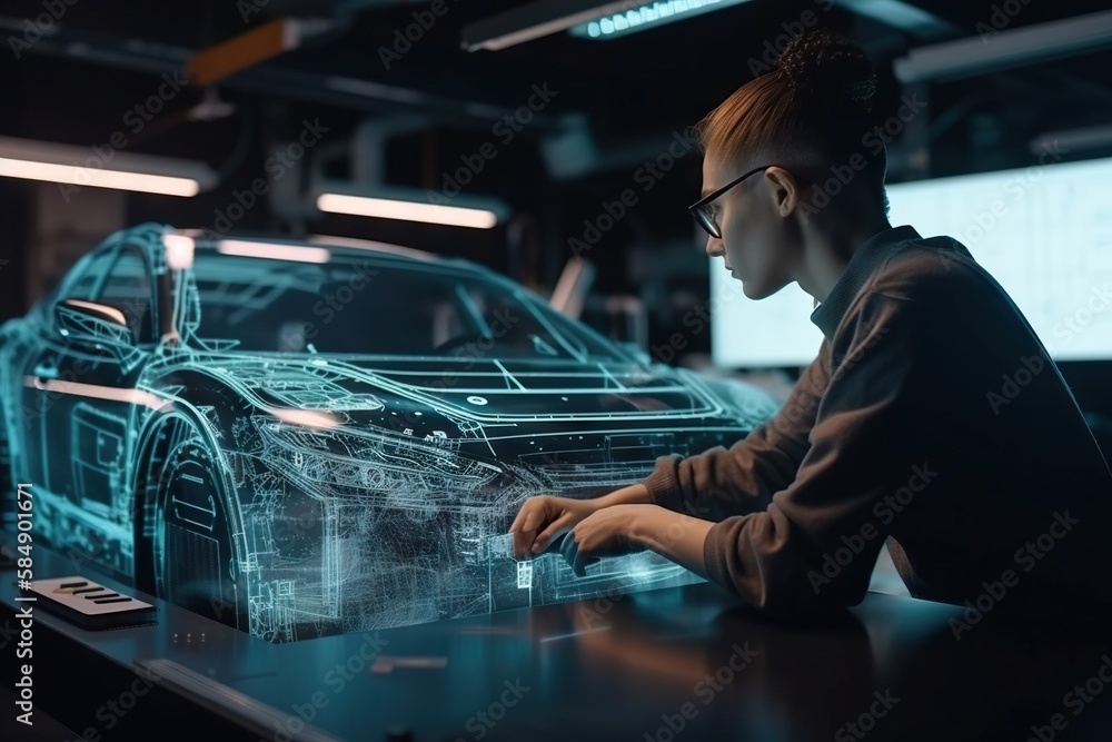 Poster a man is working on a car in a car shop with a 3d model of the car workshop animation automotive des