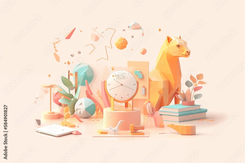 Poster a bear and a clock surrounded by books and plants and other objects zoo animation motion graphics ge