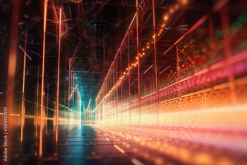 Poster a tunnel of lights with a building in the background and a person walking down the middle warehouse 
