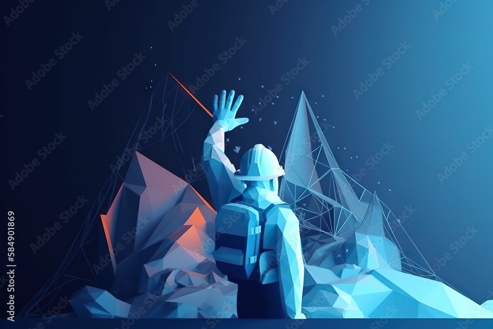 Poster A Man In A Helmet Standing In Front Of A Mountain With A Sky Background Construction Site Environmental Art Mining Generative AI 