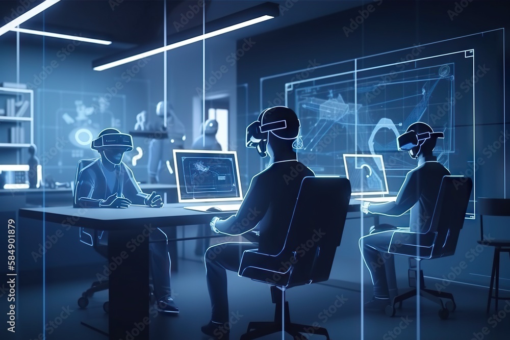 Poster A Couple Of People Sitting At A Desk In Front Of A Computer Workshop Animation Augmented Reality Generative AI 