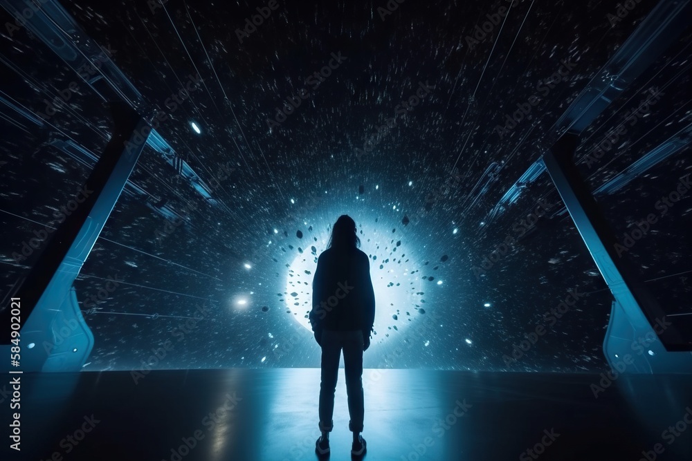Poster a person standing in a dark room with a light at the end science museum video art motion graphics ge