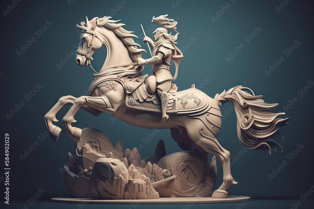 Aufkleber a statue of a man riding a horse with a sword on it workshop wood carving art modeling generative ai