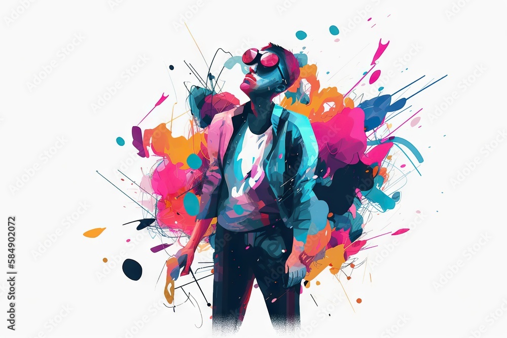 Poster a man with a microphone and a colorful background with splashes graffiti wall graffiti art motion gr