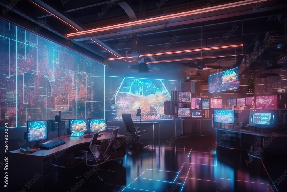 Poster a room with multiple monitors and a desk with a laptop on it conference room video art cybersecurity