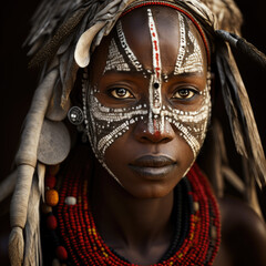 the face of affrican woman with expresive features during a tribal ceremony