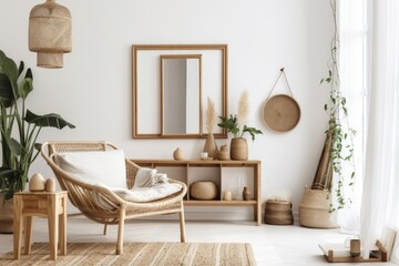 Scandi Boho mockup frame in white room with natural wooden furnishings. Generative AI