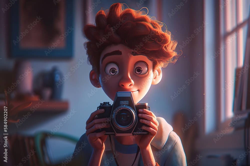 Poster a boy holding a camera in a room with a window and a table canal photorealism animation filmmaking g