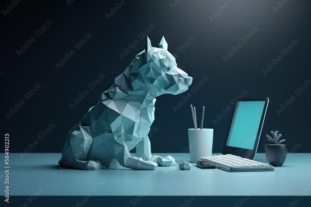 Poster A Computer And A Dog On A Table With A Blue Background Workshop Graphic Design 3d Modeling Generative AI 