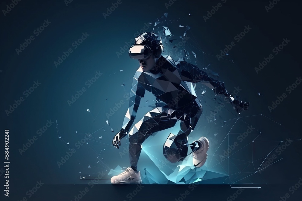 Poster a stylized image of a man running with a virtual reality helmet on fitness center stereoscopic photo