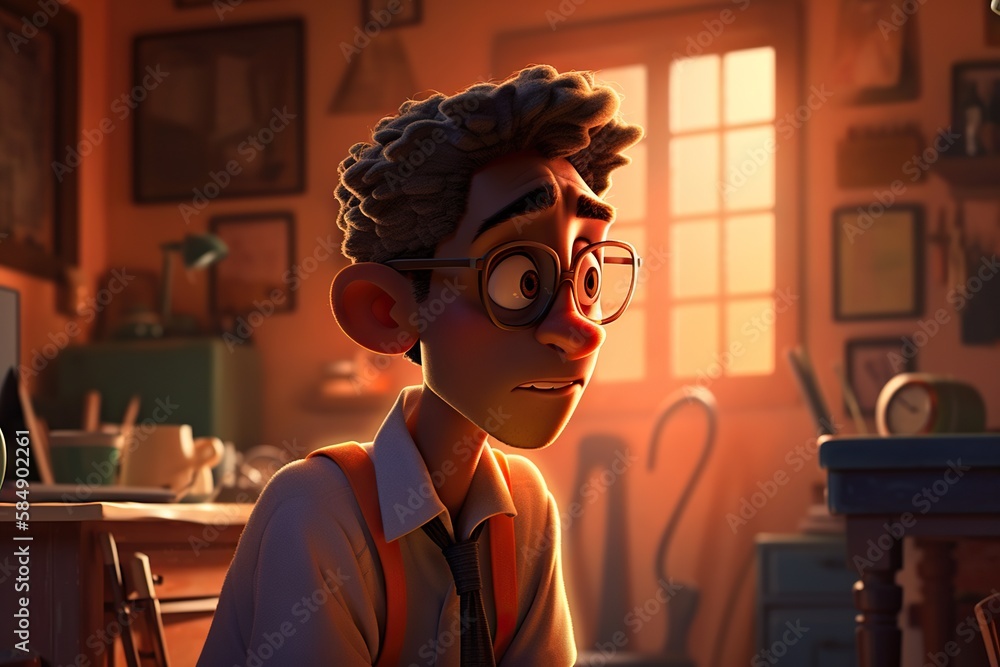 Aufkleber a cartoon character with glasses and a tie in a room with a desk volcano animation animation filmmak