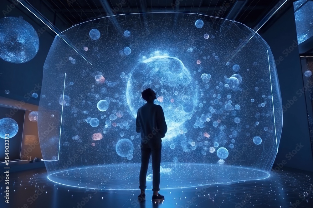 Poster A Man Standing In Front Of A Large Display Of Bubbles And Stars Aquarium Video Art Data Analytics Generative AI 