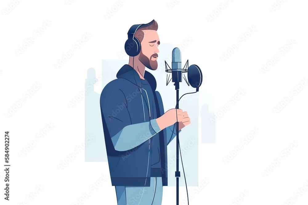 Poster a man with headphones on singing into a microphone with a microphone stand recording studio animatio