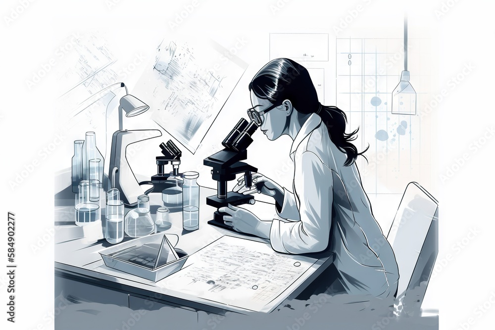 Poster a woman in a lab coat looking through a microscope at a paper deep sea trench animation science writ