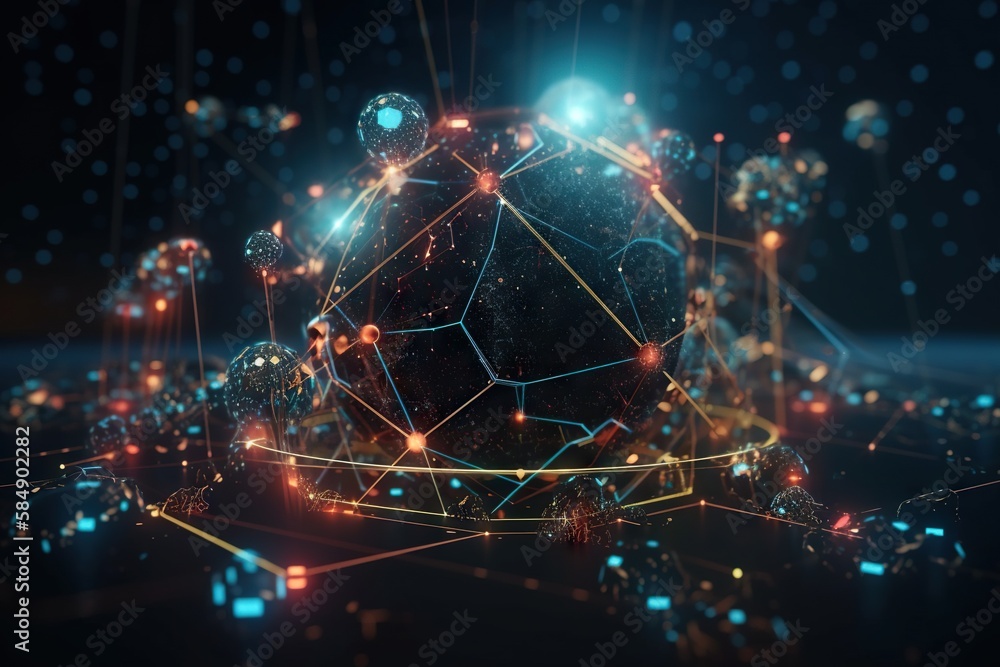 Poster a futuristic abstract background with a sphere and many connected lines and dots deep sea trench ani