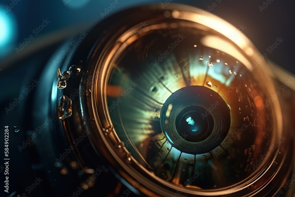 Poster a close up of a camera lens with a blurry background tv studio video art motion graphics generative 
