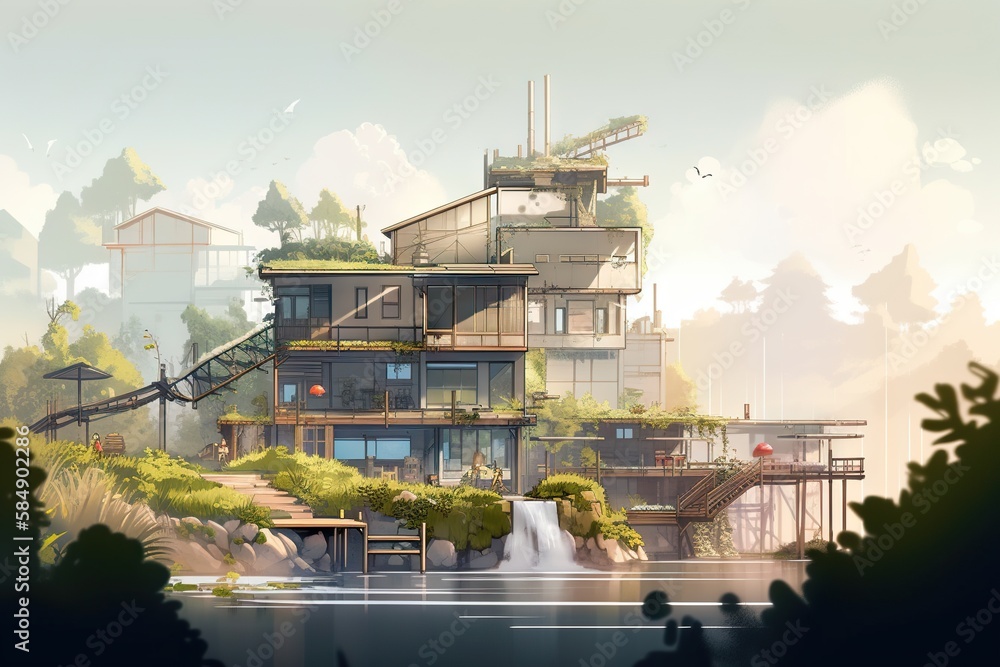 Poster a house with a waterfall in front of it and a forest rustic fishing village environmental art enviro