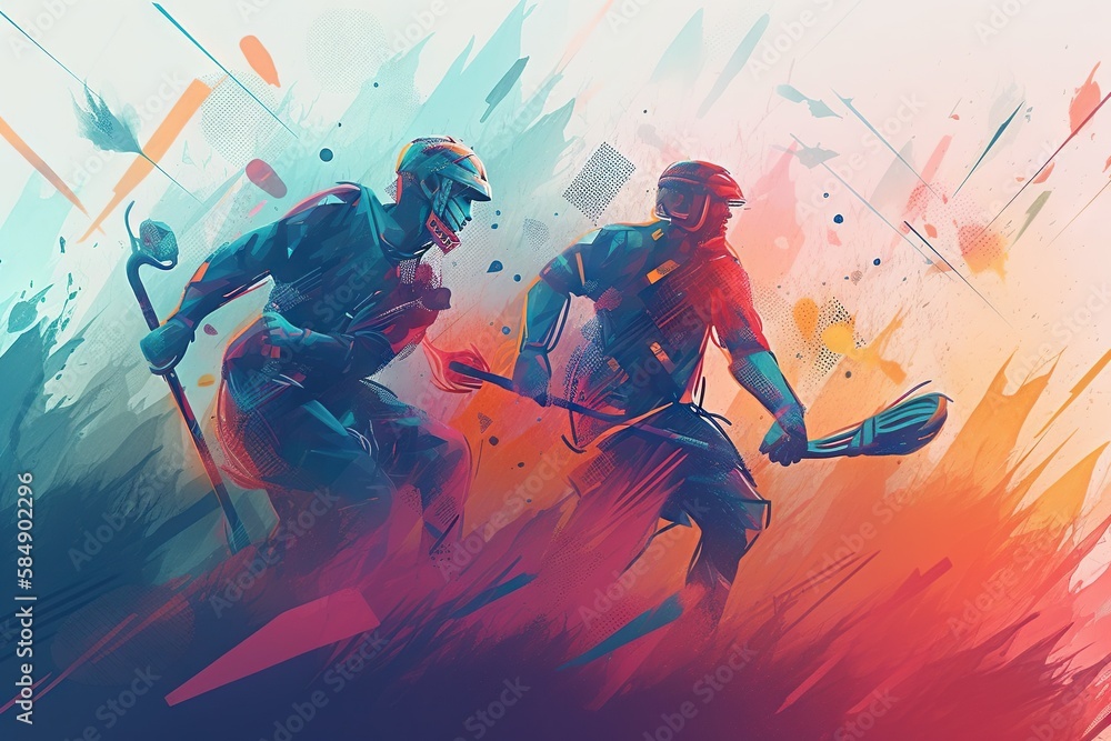 Poster two people are playing a game of lacrosse in a colorful background stadium color field painting digi