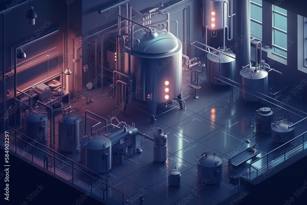 Poster a large industrial factory with a lot of tanks and tanks in it factory animation manufacturing gener