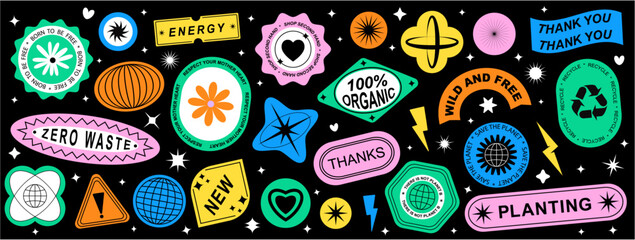 Set Collection of elements patches, labels, tags, stickers, and stamps. Zero waste, Planet, plants, recycle, save the planet. Vector set, trendy	