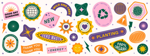Set Collection of elements patches, labels, tags, stickers, and stamps. Zero waste, Planet, plants, recycle, save the planet. Vector set, trendy	
