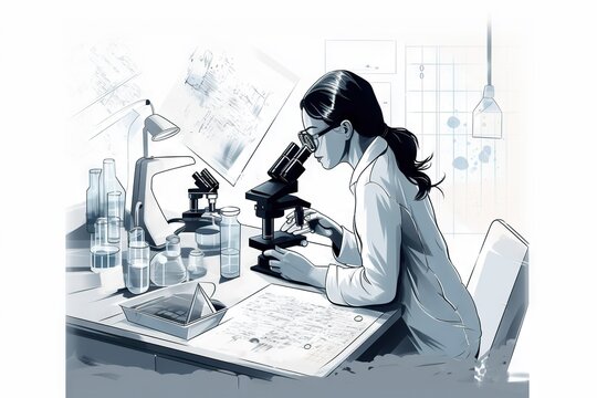 A Woman In A Lab Coat Looking Through A Microscope At A Paper Deep Sea Trench Animation Science Writing Generative AI 