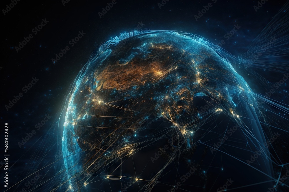 Poster a blue and yellow earth with lines and dots in the middle deep sea trench animation motion graphics 