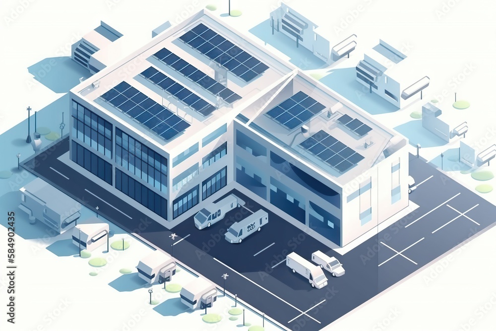 Poster a building with a solar panel on the roof and a car parked in front of it office building animation 